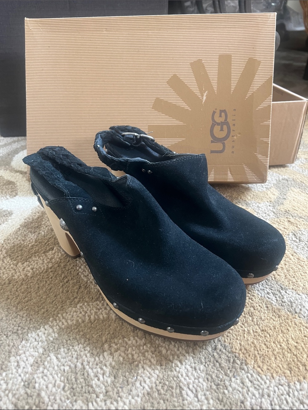UGG Black Suede Studded Clog Heels